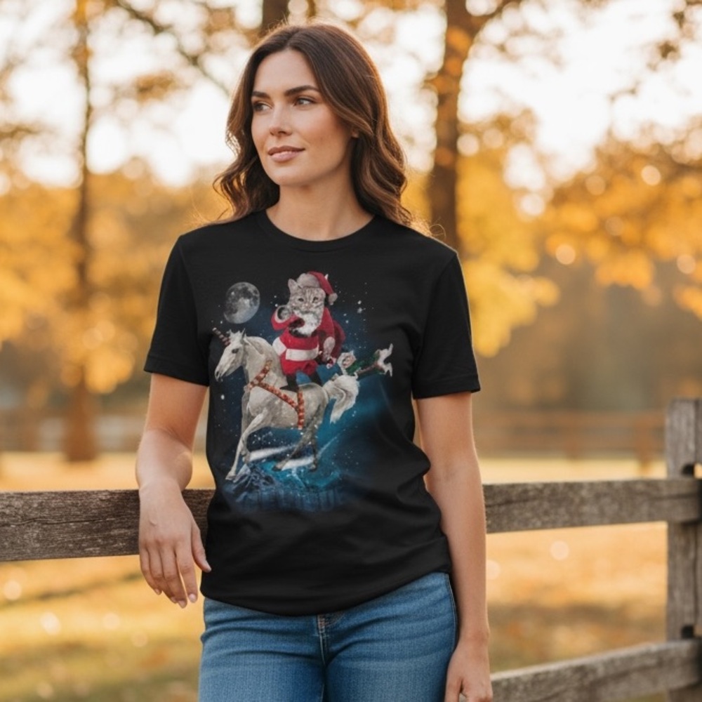 Cat Dressed As Santa Claus Riding A Unicorn Believe Black T-Shirt 2XL Funny Tee
